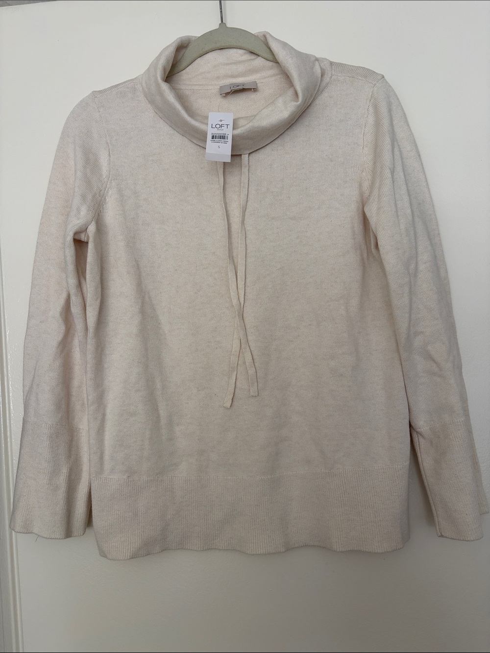 LOFT Cream Drawstring Cowl Neck Sweater